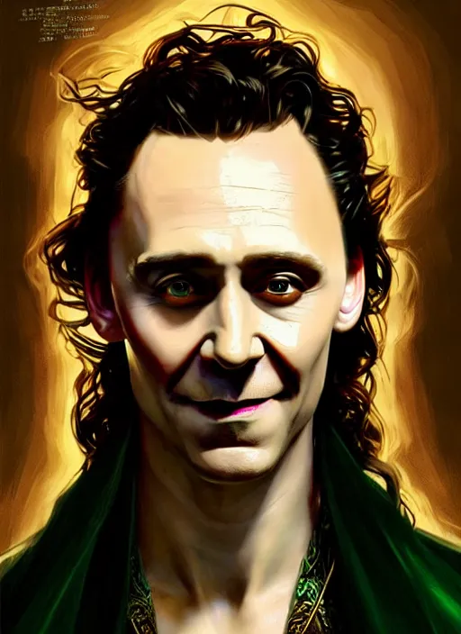 Image similar to portrait of tom hiddleston as a sultry vampire lord, loki, jewelry, greek, emerald, intricate, headshot, highly detailed, digital painting, artstation, concept art, sharp focus, cinematic lighting, illustration, art by artgerm and greg rutkowski, alphonse mucha, cgsociety