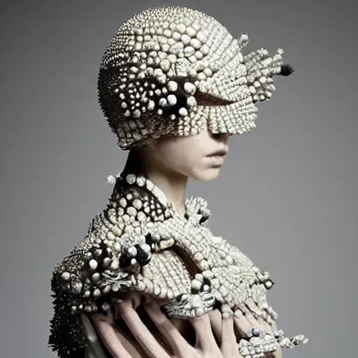 Image similar to a woman with a weird head piece on her head, a flemish Baroque by Alexander McQueen, trending on pinterest, panfuturism, made of paperclips, made of insects, made of feathers,