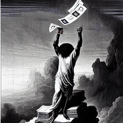 Image similar to cheef keef ascending into heaven holding stacks of cash, biblical image, style of gustave dore, highly detailed, beautiful, high contrast, black and white