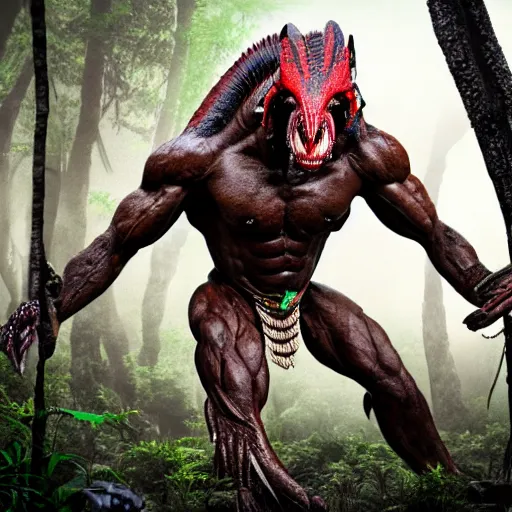 Prompt: a yautja predator in the jungle 4 k, high resolution, still, landscape, hd, dslr, hyper realistic, body builder, mr universe