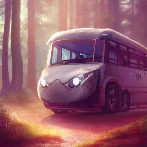 Image similar to Mythical creature - hybrid of bus and wolf, having cabin if form of wolf head and long body of bus with wheels and windows, oil on canvas, fantasy, digital painting, concept art, smooth, sharp focus, illustration, artstation trending, octane render, unreal engine, Ghibli, anime style