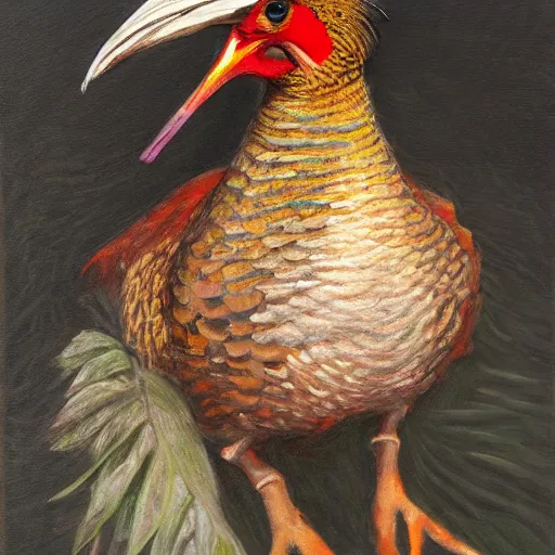 Prompt: Pheasant holding a sword, by lily seika jones , rivuletpaper art, very detailed, oil painting, harsh fairy tale, soft style, hyperrealism, beautiful, high resolution, trending on artstation, steps 50