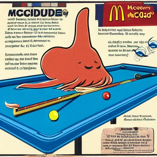 Image similar to a giant squid playing billiards and winning in a mcdonalds's, detailed scientific diagram