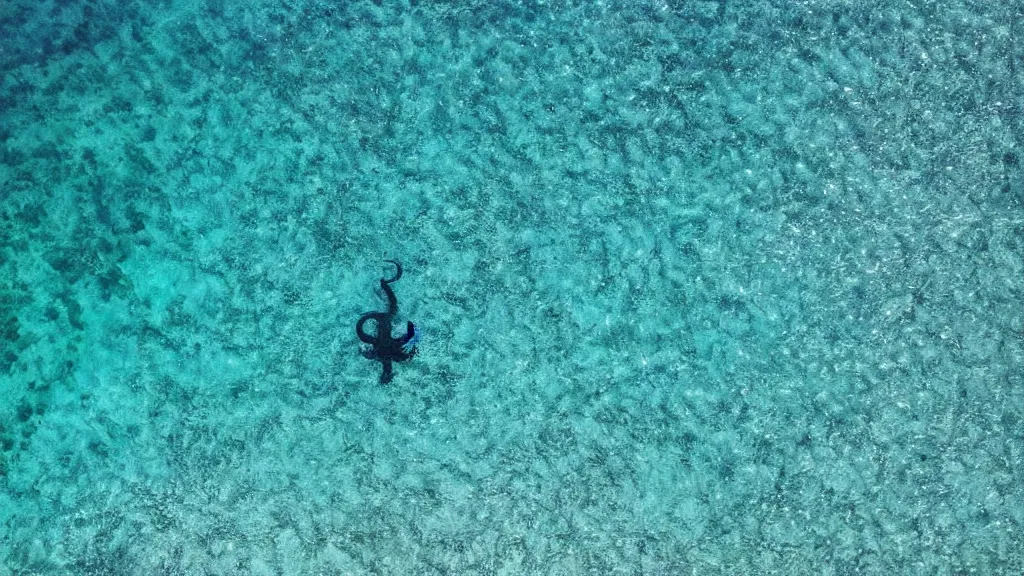 Prompt: ocean, clear water, octopus silhouette at depth, bird eye view, aerial view, drone photography, fear, mesmerizing, blue sea, glare on the water, reflection of the sky on the water, art by google earth,