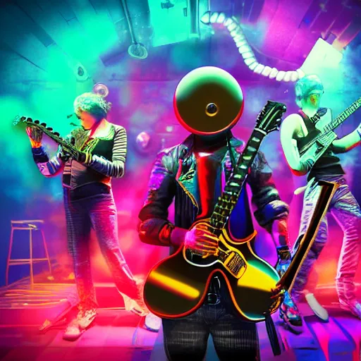 Image similar to album art, rockband with 3 dieselpunk robots playing guitar, robos rock, 8 k, flourescent colors, halluzinogenic, multicolored, exaggerated detailed, front shot, 3 d render, octane