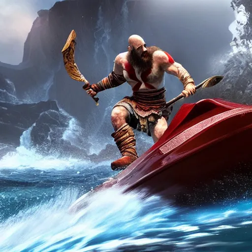 Prompt: screenshot of the game God of War with Kratos jumping waves on a jetski | Sony Pictures official media