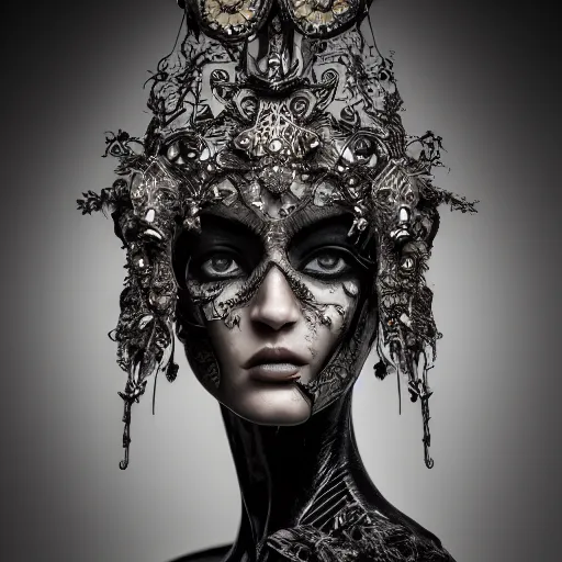 Prompt: a female model by stefan geselle and nekro borja, photorealistic, biomechanical, intricate details, hyper realistic, ornate glass headpiece, dark beauty, photorealistic, canon r 3, photography, wide shot, photography, dark beauty, symmetrical features