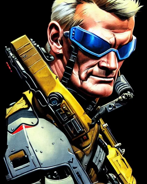 Prompt: soldier 7 6 from overwatch, heavey metal magazine cover, character portrait, portrait, close up, concept art, intricate details, highly detailed, in the style of frank frazetta, esteban maroto, richard corben, pepe moreno, matt howarth, stefano tamburini, tanino liberatore, luis royo and alex ebel