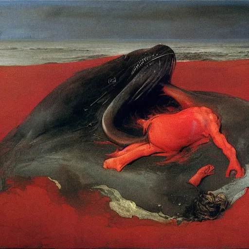 Prompt: a woolly mammoth devouring a dead person on the beach, A figure seated on a whale swimming in the sea by Francisco Goya and Francis Bacon, vibrant red background, mythological painting, oil painting, triadic color scheme, very coherent, Beksinski painting