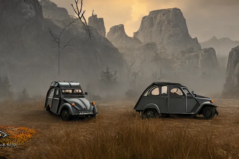 Prompt: offroad citroen 2 cv ( 1 9 6 5 ) driving across the rift, daedric longsword attached to the side, leather and cloth traveller bags on roof, riften city in the background, epic fantasy, autumn, the elder scrolls v : skyrim, dramatic lighting, establishing shot, by simon stalenhag