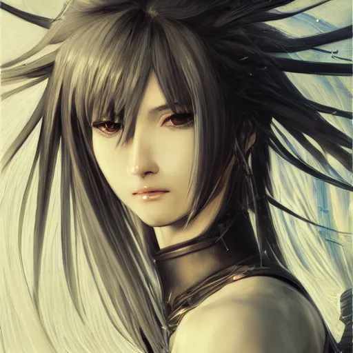 Image similar to Soft oil portrait with broad brush strokes of an anime girl with a long white hair wearing Elden Ring armour with engraving in the style of Yoji Shinkawa, expressive brush strokes, hairs fluttering on the wing, noisy film grain effect, highly detailed, Renaissance oil painting, weird portrait angle, blurred lost edges, three quarter view