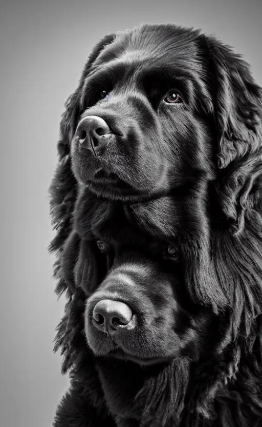 Image similar to An award winning photograph of a black newfoundland dog, looking intelligent, playing chess, studio lighting, medium shot, Sigma 85mm, 8k