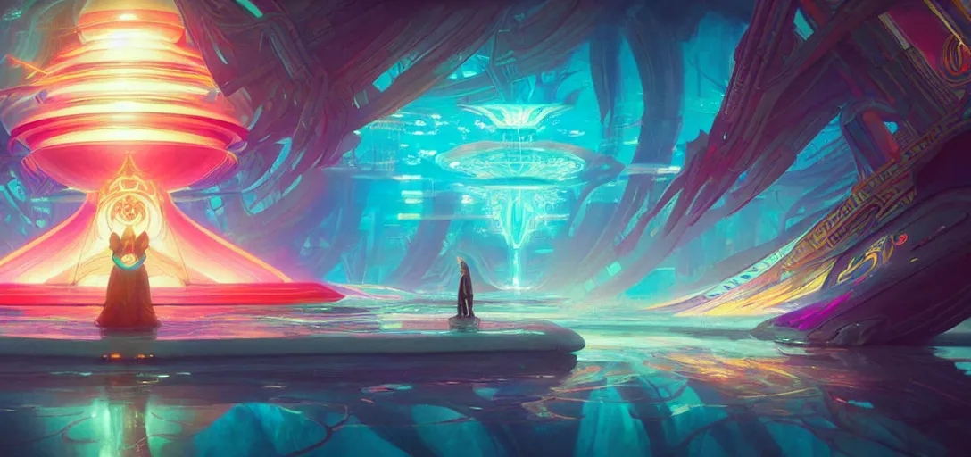 Image similar to a floating temple, channeling swirling energy, wearing netrunner clothing, vaporwave aesthetic, colorful, psychedelic, digital painting, artstation, concept art, smooth, sharp focus, illustration, art by artgerm and greg rutkowski and alphonse mucha