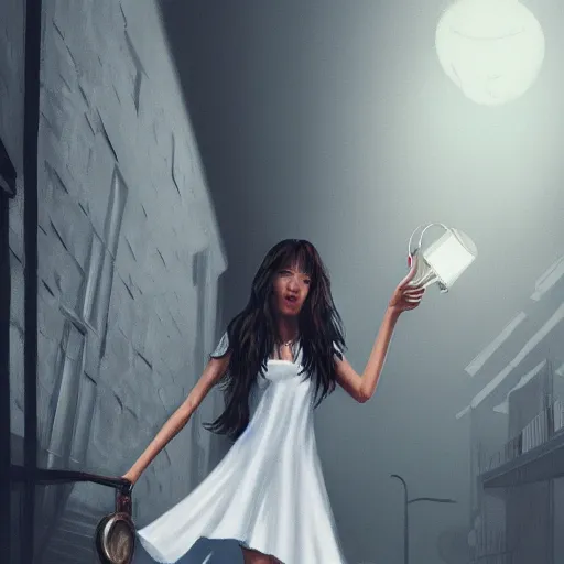 Image similar to a girl in a white dress, holding a lantern, dramatic lighting, walking through a dark alleyway surrounded by tall buildings, 8k, trending on artstation, drawn by wlop