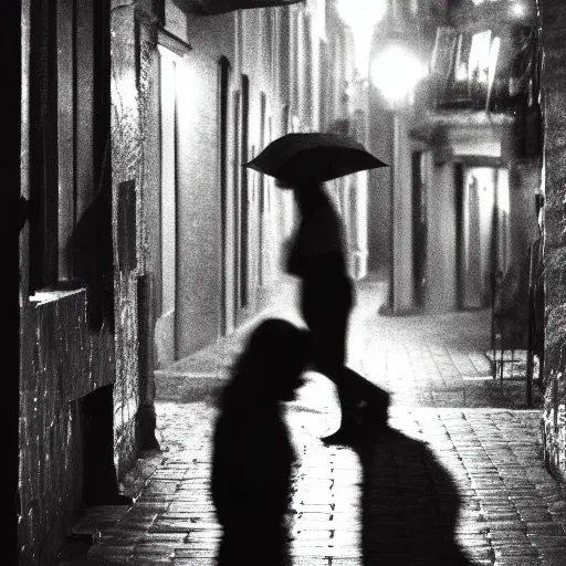 Image similar to an emotional picture of two shadowy figures hugging each other at night in an ally, it is raining heavily, 35mm, motion blur