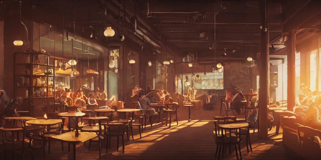 Prompt: an intricate illustration of a coffee shop, no people, cinematic light, colorful, octane render by ivan talavera, greg rutkowski 8 k