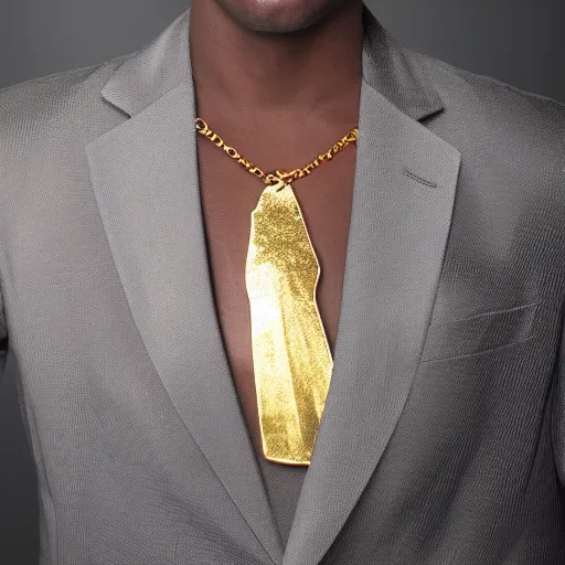 Prompt: portrait of Anubis wearing an elegant suit with a shiny gold necklace, looking at the camera, black background, studio light