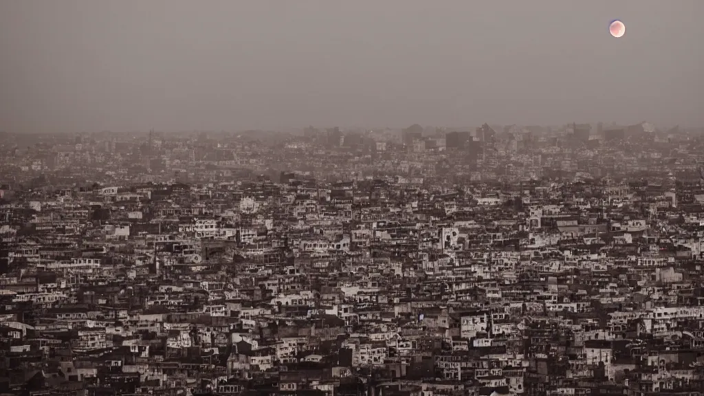 Prompt: a shadow of a city on the background of a giant blood moon