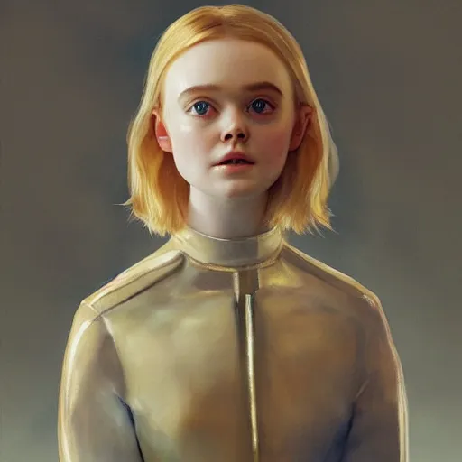 Prompt: Elle Fanning as an Android, head and shoulders masterpiece, oil on canvas, golden hour, in the world of Andrew Wyeth and Fallout 3, artstation, by J. C. Leyendecker and Peter Paul Rubens,