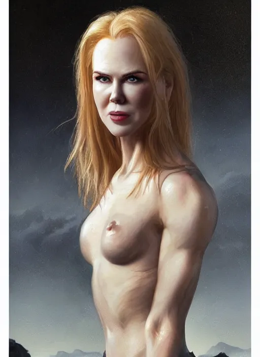 Prompt: girl looks like nicole kidman with pale white skin and long blonde hair, muscular upper body, beautiful highly detailed face, complementary lighting, backlit, black eyeshadow, dark eyes, adventure, dramatic lighting, landscape background, beautiful painting by artgerm and greg rutkowski and raymond swanland