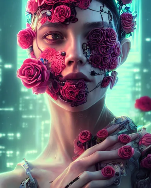 Image similar to portrait of a female face with roses instead of eyes, cyberpunk cyborg. roses, sci - fi, intricate abstract upper body intricate artwork, by tooth wu, wlop, beeple, dan mumford. concept art, octane render, deviantart, greg rutkowski, cinematic arthouse, key art, hyper realism, iridescent accents