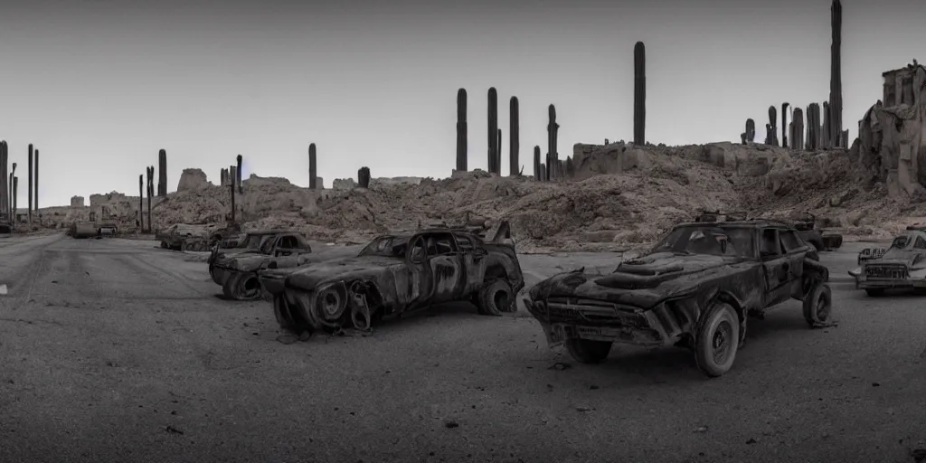 Image similar to mad max inspired vehicle convoy driving through abandoned city square with desert vegetation all around, panorama