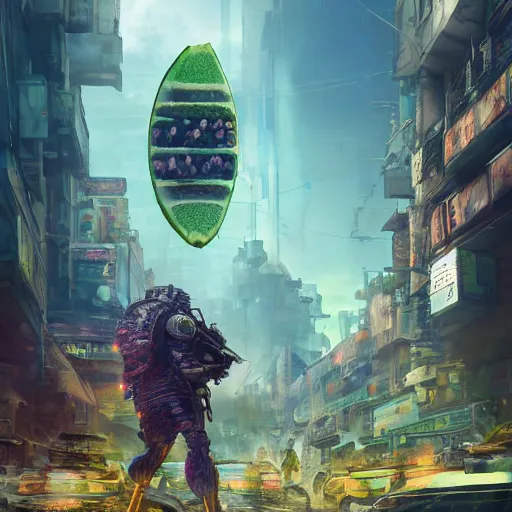 Image similar to Concept Digital Art Highly detailed giant Watermelon warlord protecting Ukrainian city from Orks by Taras Shevchenko and Stephen Hickman and Beeple. Very highly detailed 8K,Pentax 67, Kodak Portra 400 in style of Hiromasa Ogura Ghost in the Shell, the golden ratio, rational painting