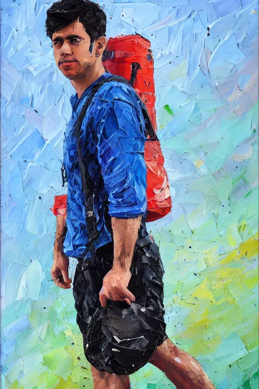 Image similar to palette knife oil painting portrait of juan delamar, a lean, dark haired young man of below average height, carrying a duffel bag with swin gear. blank, quiet, numb, extreme detail, artstation trending, artgerm, any racial background, deviant art, octane, substance, art history 8 k