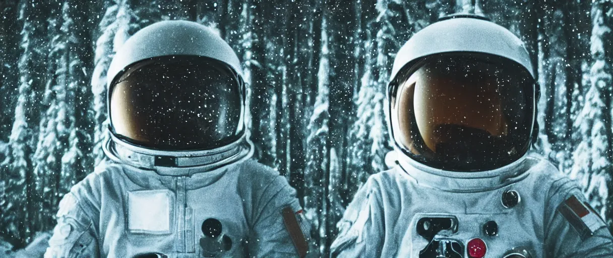 Prompt: close - up portrait of space astronaut with white spacesuit flying in weightlessness inside canadian massive green pines snow forest, close - up helmet. small foggy and gloomy, blue lights, bokeh background, close - up shot, highly detailed science fiction illustration. photorealistic, movie still