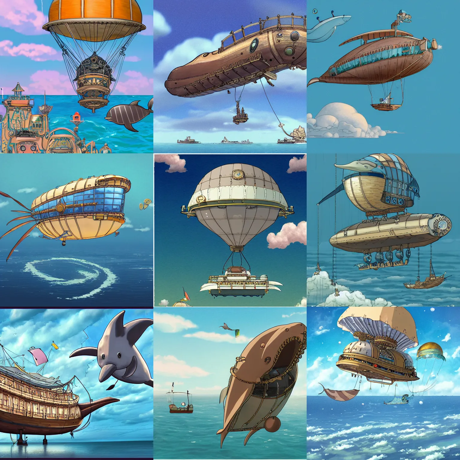 Prompt: a detailed illustration of a dolphin-shaped steampunk airship by the sea in the style of Ghibli, 8k