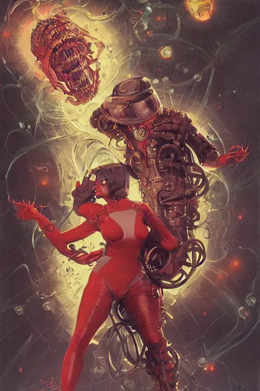 Image similar to full body portrait of martyn ford as lovecraftian demon being zapped by ray gun held by elegant lady wearing a latex spacesuit, by norman rockwell, jack kirby, jon berkey, earle bergey, craig mullins, ruan jia, jeremy mann, tom lovell, marvel, astounding stories, 5 0 s pulp illustration, scifi, fantasy, artstation creature concept