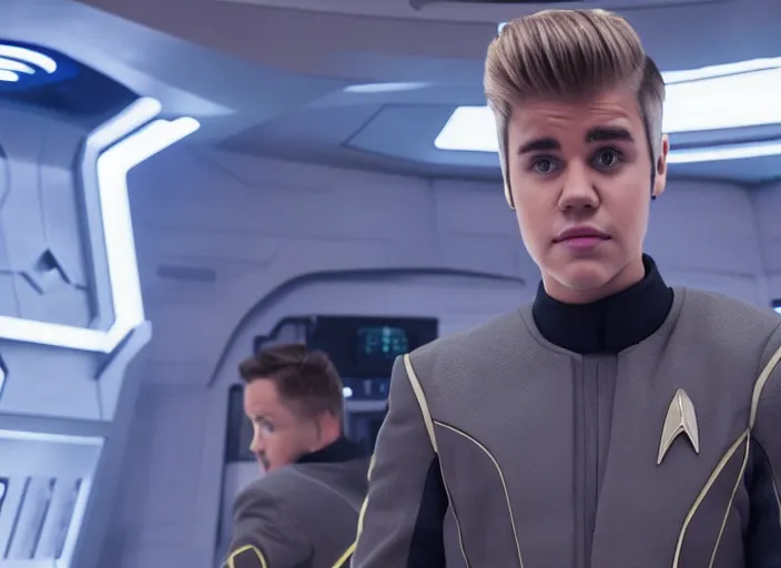 Image similar to Justin Bieber plays as captain in Star Trek Discovery, engine room and warp core in the background, 35mm photography, highly detailed, cinematic lighting, 4k