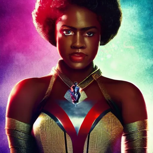 Image similar to a 1950s black superhero queen with an afro wearing thigh high white heels leaps into the time pool on the poster art for this new super hero movie, digital art, concept, high detail 4k