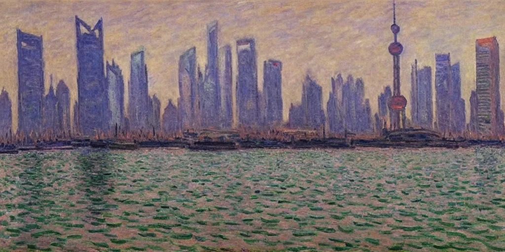 Image similar to an oil painting of Lujiazui, Shanghai, by Oscar-Claude Monet