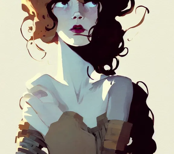 Image similar to portrait woman with long ginger curly hair, by atey ghailan, by greg rutkowski, by greg tocchini, by james gilleard, by joe fenton, by kaethe butcher, by ashley wood, dynamic lighting, gradient light blue, brown, blonde cream and white color scheme, grunge aesthetic