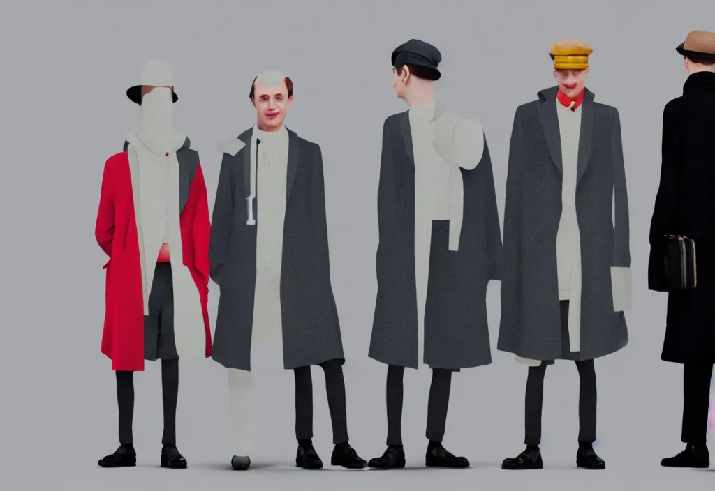 Image similar to full body portrait of a trio of young european tourists long coat travel apparel, with nikon cameras, various poses shooting photos, character designs painting, in the style of wes anderson, rene magritte, lola dupre, david hockney, isolated on white background, dark monochrome neon spraypaint accents volumetric octane render