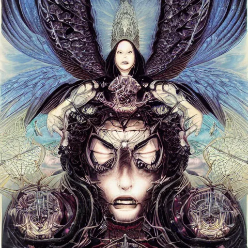 Image similar to portrait of crazy dark angel, symmetrical, by yoichi hatakenaka, masamune shirow, josan gonzales and dan mumford, ayami kojima, takato yamamoto, barclay shaw, karol bak, yukito kishiro