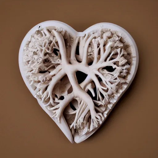 Image similar to anatomically correct bio mechanical heart carved out of ivory, canon 5 d 5 0 mm lens