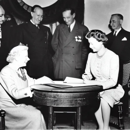 Image similar to 5 0 mm 1 9 4 6 historical photo, of a single general and a young queen elizabeth signing a peace treaty, a cute corgi watches from above, french village interior, highly detailed, sharp focus, symmetrical face
