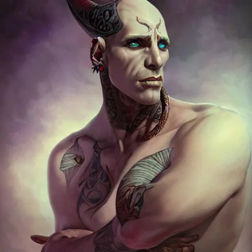 Image similar to handsome pale white tiefling with ink stylized tattoos, draconic masculine male shaman, portrait by Artgerm, peter mohrbacher W 704