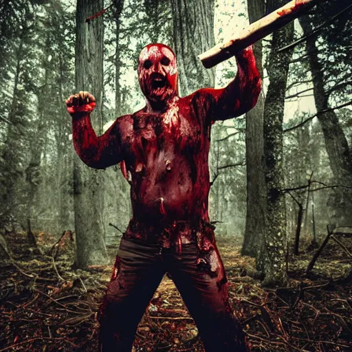 Image similar to big butcher man posing scarily, scary angry pose, covered in blood, fresh kill, cleaver, earie setting, in a forest, horror, hyperdetailed