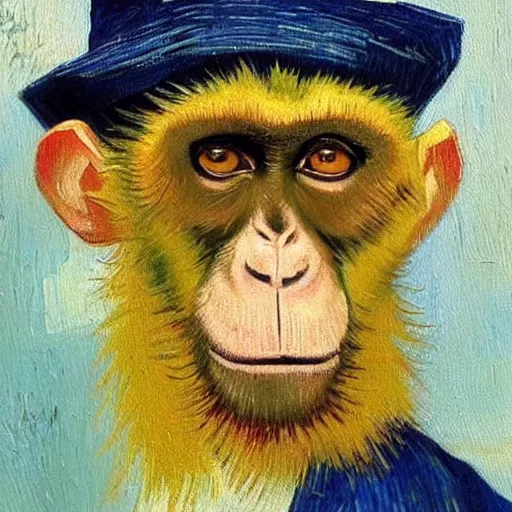 Prompt: a beautiful oil painting of a monkey in a blue suit and white hat , 8k , award winning , made in 1800's , old , painted by vincent van gogh