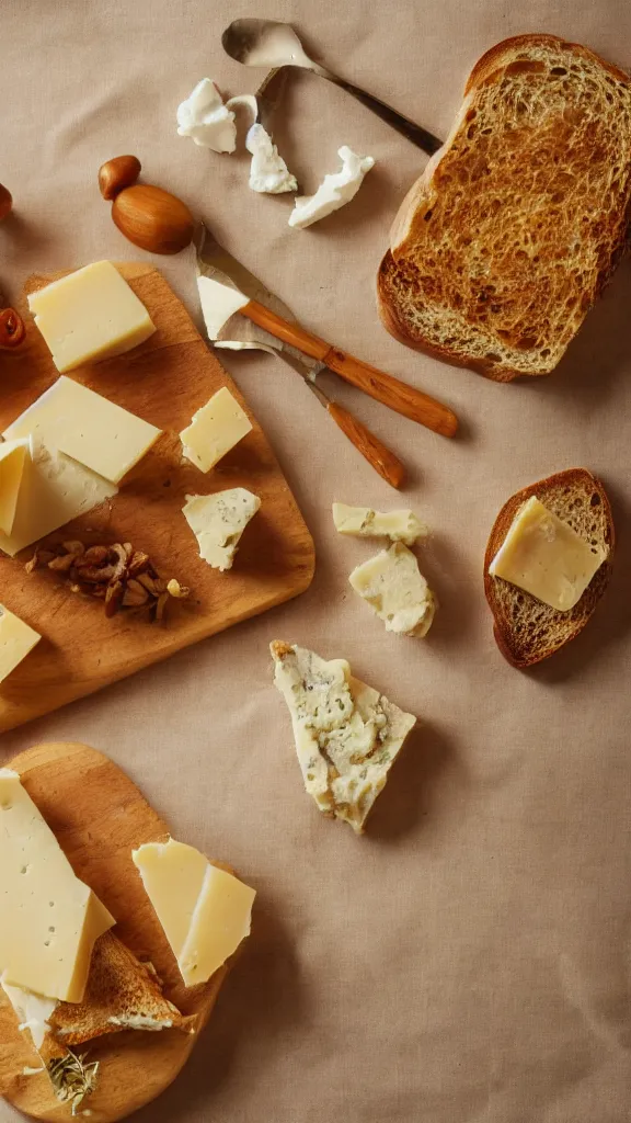 Image similar to 7 0 s food photography of an opulent spread of cheese on toast, on a velvet table cloth, soft focus