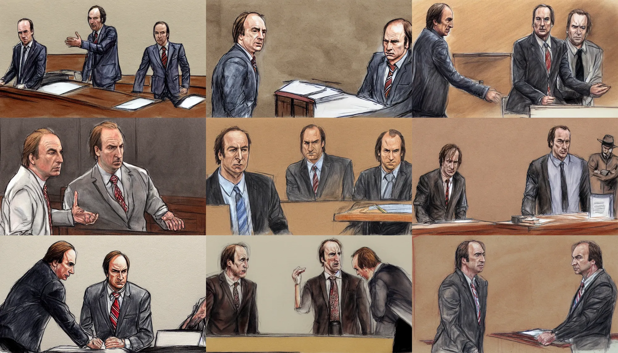 Prompt: Saul Goodman played by Bob Odenkirk defending Freddy Krueger in court, courtroom sketch