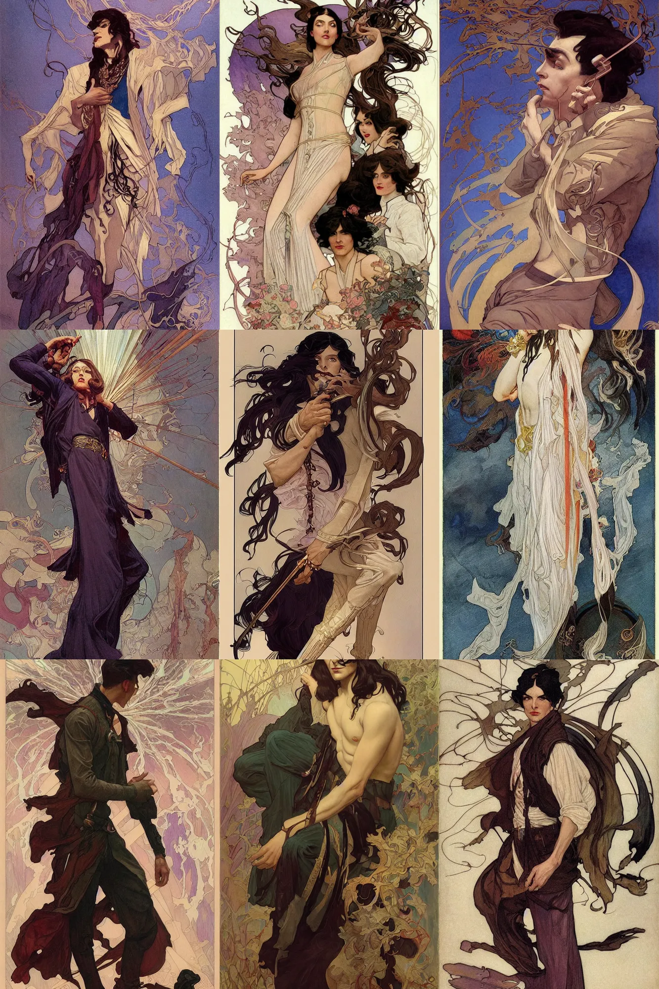 Prompt: thin male mage with long dark hair, 1 9 2 0 s fashion, fantasy, art by joseph leyendecker, peter mohrbacher, ruan jia, finnian macmanus, marc simonetti, ayami kojima, vasnetsov, cedric peyravernay, alphonse mucha