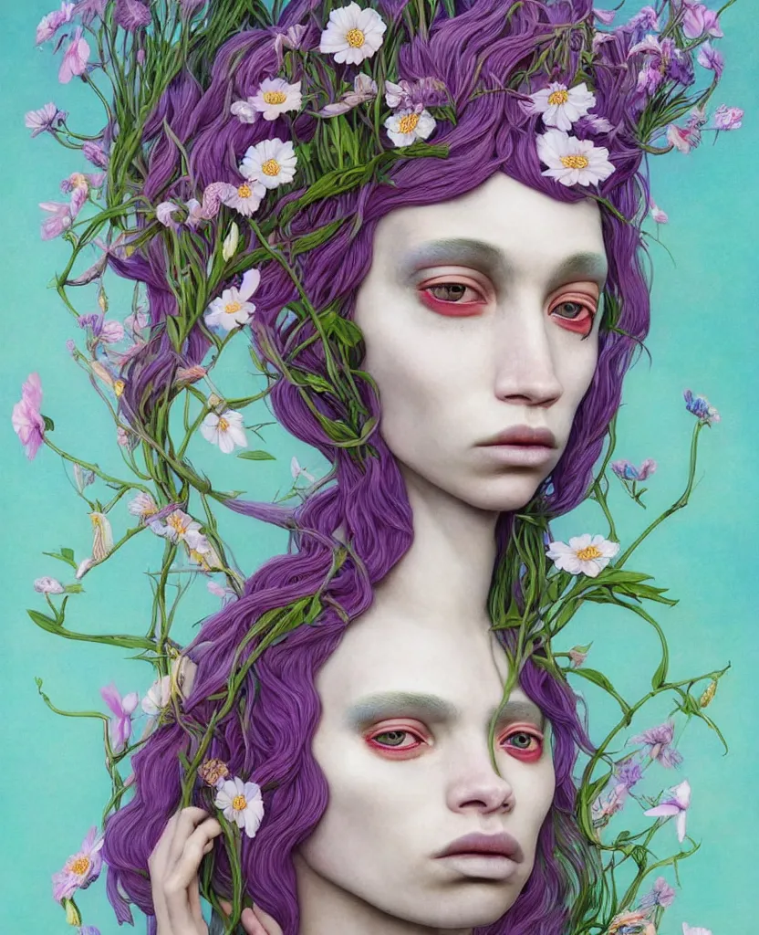 Image similar to 1 figure!!!!!!, the non-binary deity of Spring, resembling a mix of Grimes, Aurora Aksnes, and Zoë Kravitz, in a style blend of Botticelli, Möbius and Æon Flux, the figure is made out of spring flora and fauna, surrealism, stunningly detailed artwork, hyper photorealistic 4K, stunning gradient colors, very fine inking lines