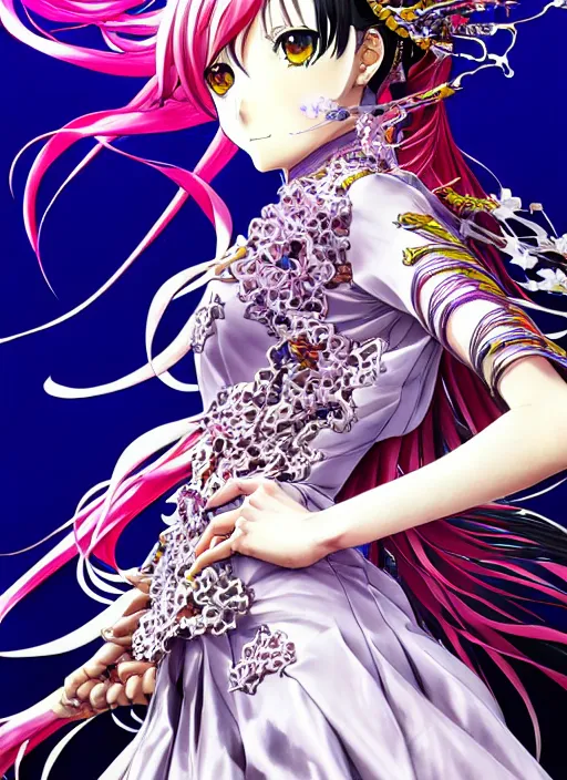 Prompt: highly detailed shigenori soejima artstation anime poster of girl mechine, long hair, armor, dress, laces, ruffles, 8 k, rainbow gradient bloom, maximalist, takeshi obata, artgerm, alphonse mucha