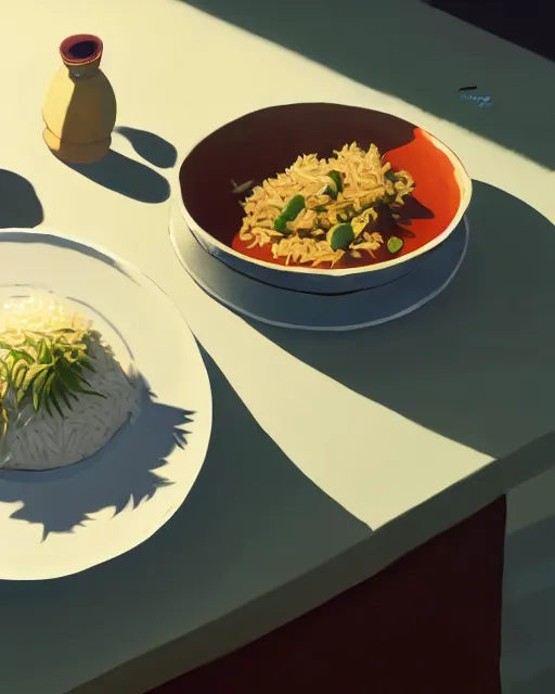 Image similar to a plate with suhi and cooked rice on a kitchen table, cory loftis, james gilleard, atey ghailan, makoto shinkai, goro fujita, studio ghibli, rim light, exquisite lighting, clear focus, very coherent, plain background, soft painting