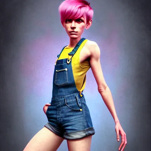 Image similar to full body pose, pixar, beautiful androgynous girl, pink pixie cut hair, torn overalls, short shorts, combat boots, fishnets, beautiful, highly detailed face, true anatomy!, extremely detailed!, digital painting, unreal engine 5, art by tom bagshaw