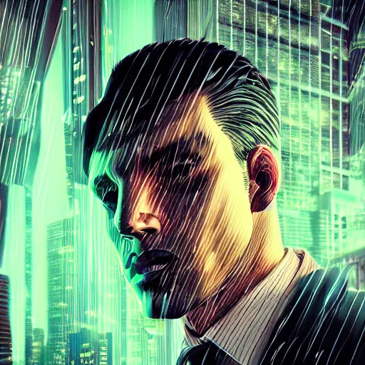 Image similar to stylish cartoon portrait made out of rain, pinstripe suit, cyberpunk background, rendered in octane, unreal engine, highly detailed, trending on artstation, realistic, neon, beautiful, volumetric lighting, depth of field